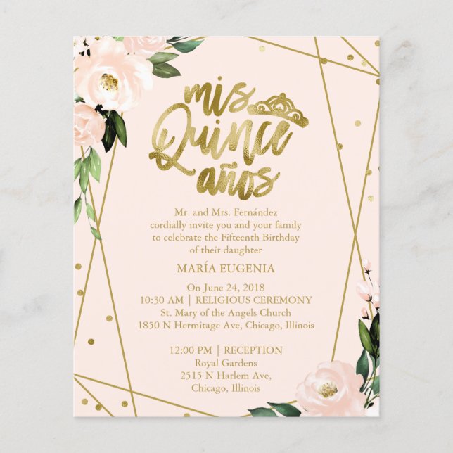Budget Quinceanera Invitation Bilingual Blush Pink (Front)