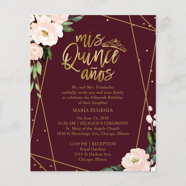 Budget Quinceanera Invitation Bilingual Burgundy (Front)