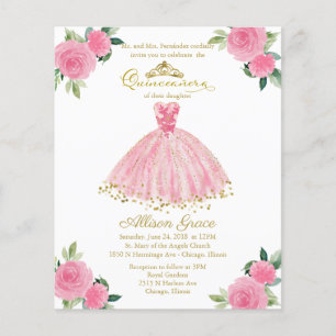 Budget Quinceanera Invitation Bilingual Pink Gown