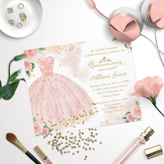 Budget Quinceanera Invitation Bilingual Pink Gown (Creator Uploaded)