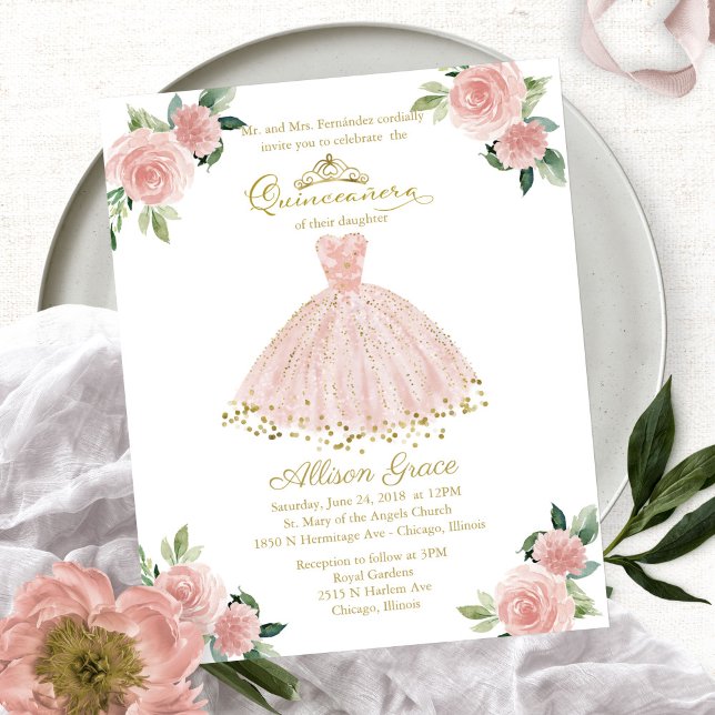 Budget Quinceanera Invitation Bilingual Pink Gown (Creator Uploaded)