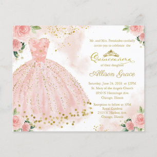 Budget Quinceanera Invitation Gold Blush Gown