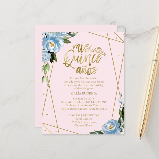 Budget Quinceanera Invitation Gold Foil Pink Blue (Front/Back In Situ)