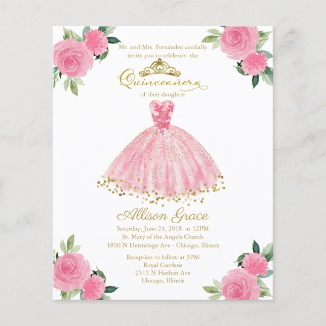 Budget Quinceanera Invitation Gold Hot Pink Gown (Front)