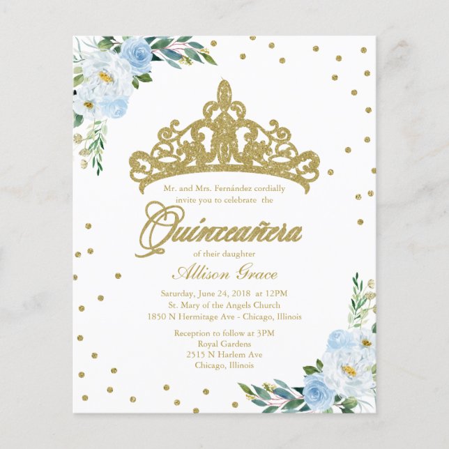 Budget Quinceanera Invitation Gold Tiara (Front)