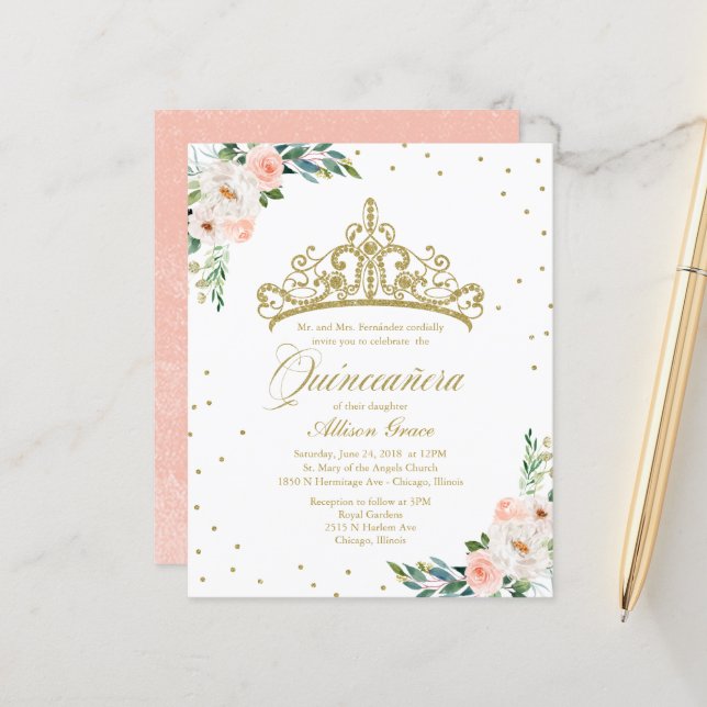Budget Quinceanera Invitation Gold Tiara (Front/Back In Situ)
