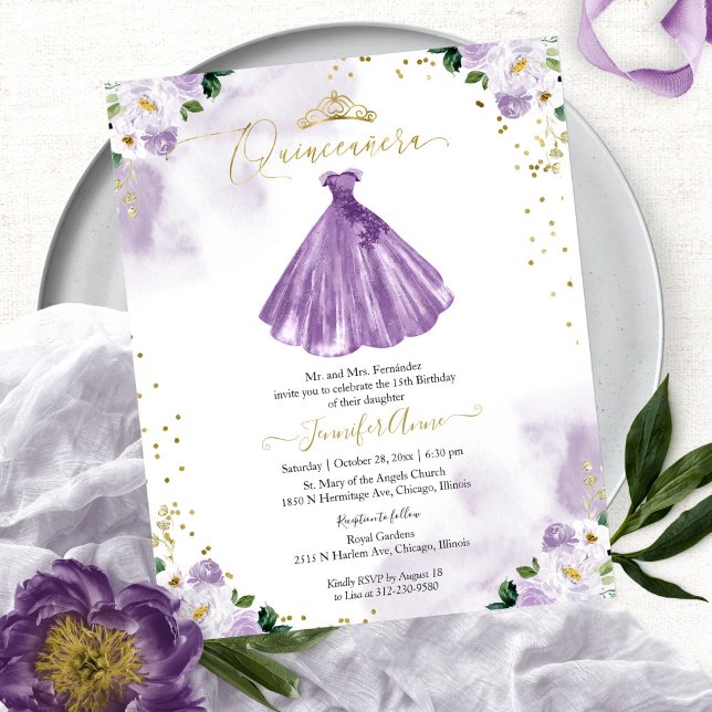 Budget Quinceanera Invitation Purple Floral Gown (Creator Uploaded)