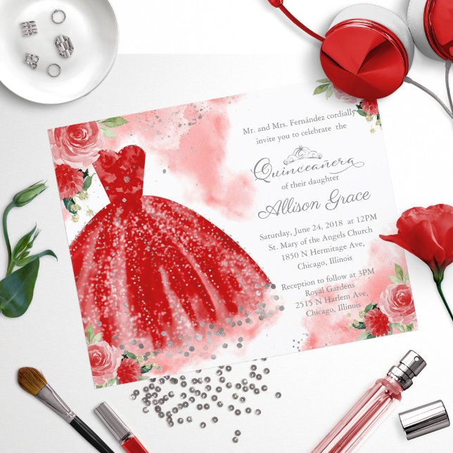 Budget Quinceanera Invitation Silver Red Gown (Creator Uploaded)