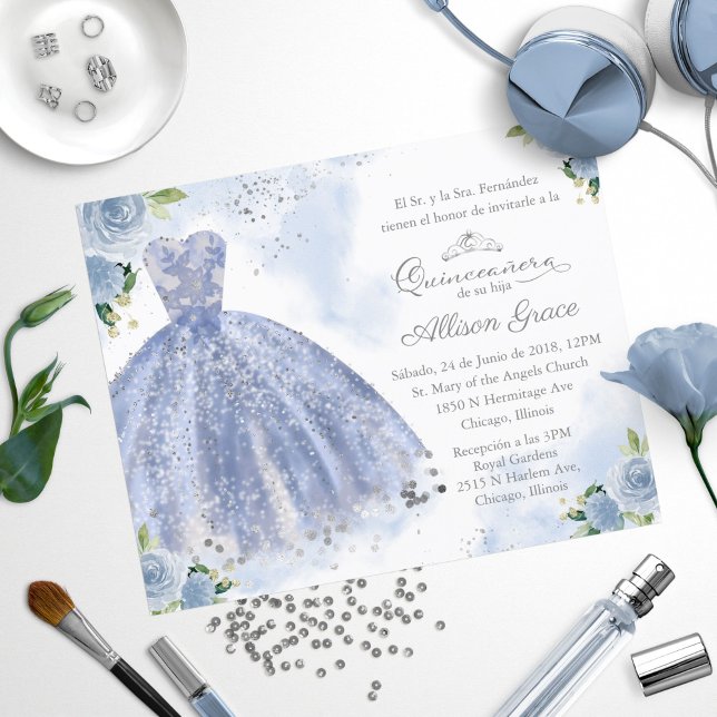 Budget Quinceanera Invitation Spanish Blue Gown (Creator Uploaded)