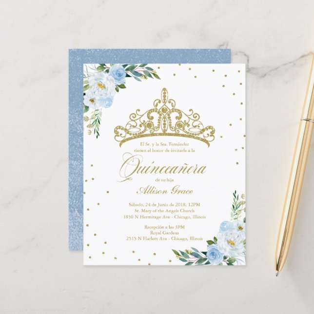 Budget Quinceanera Invitation Spanish Gold Tiara (Front/Back In Situ)