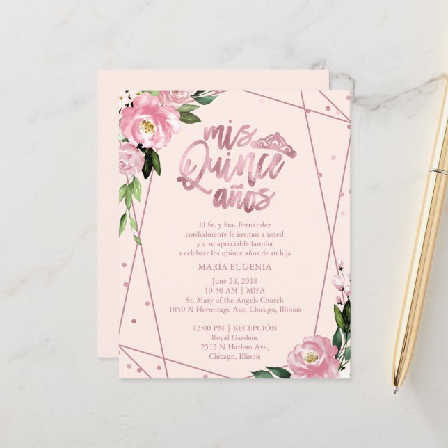 Budget Quinceanera Invitation Spanish Pink Blush (Front/Back In Situ)