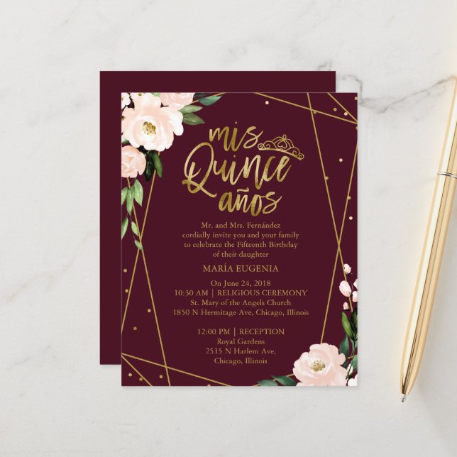 Budget Quinceanera Invitations Gold Blush Burgundy (Front/Back In Situ)