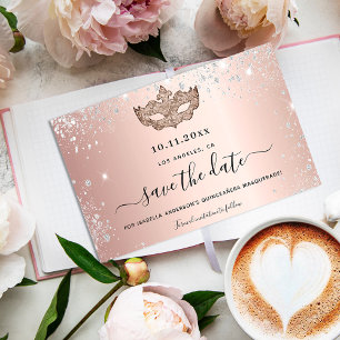 Budget Quinceanera masquerade rose gold save date
