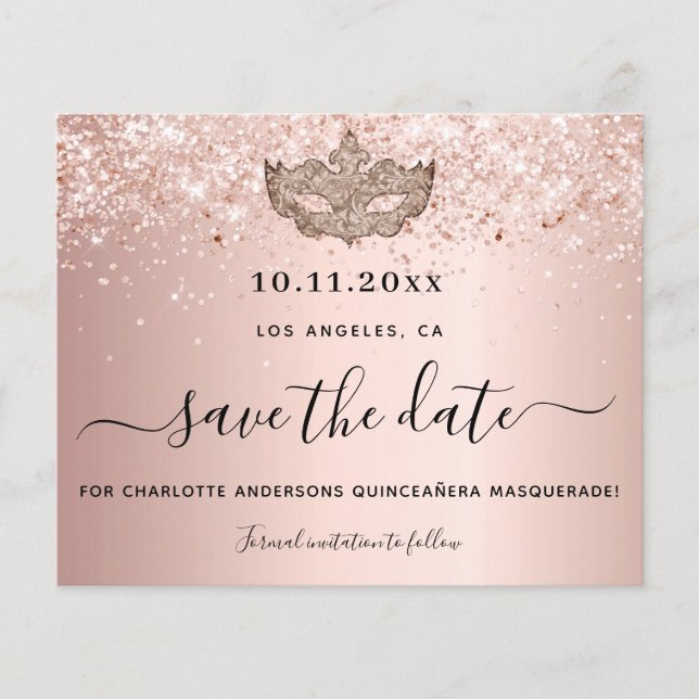 Budget Quinceanera masquerade rose gold save date (Front)