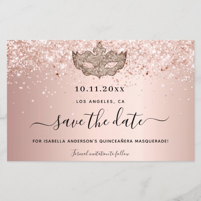 Budget Quinceanera masquerade rose gold save date (Front)