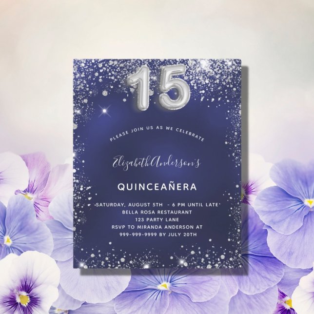 Budget Quinceanera navy blue silver invitation (Creator Uploaded)