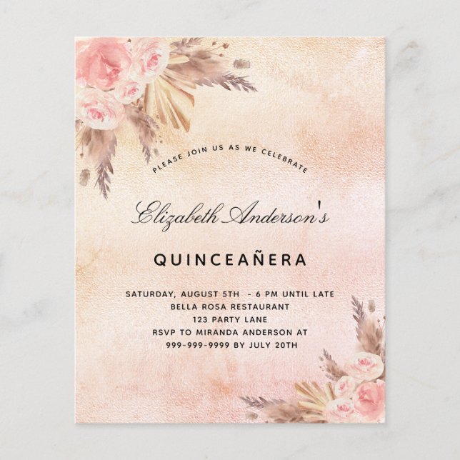 Budget Quinceanera pampas grass blush invitation (Front)