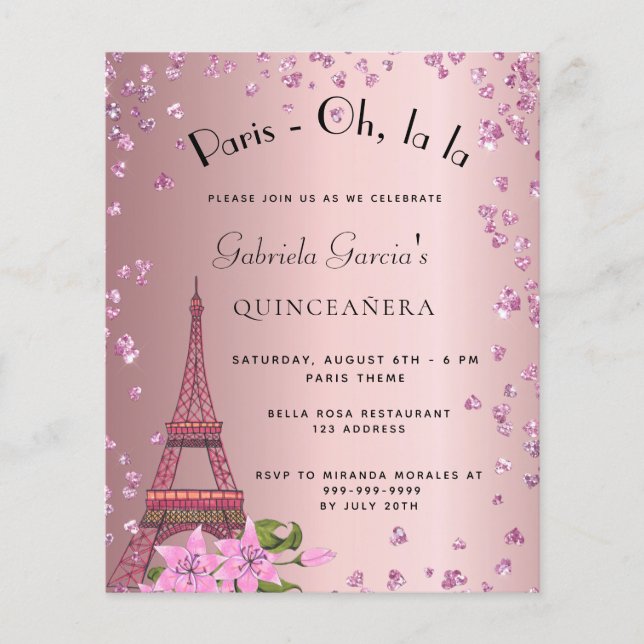 Budget Quinceanera Paris blush pink invitation (Front)