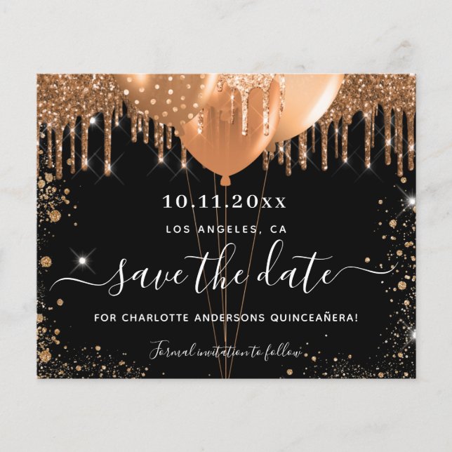Budget Quinceanera party black gold save the date (Front)