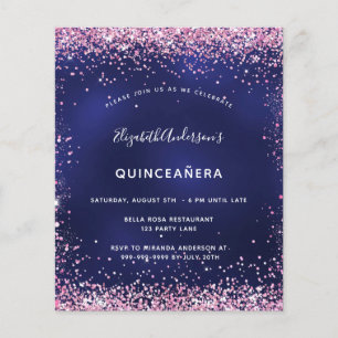 Budget Quinceanera party navy blue pink invitation