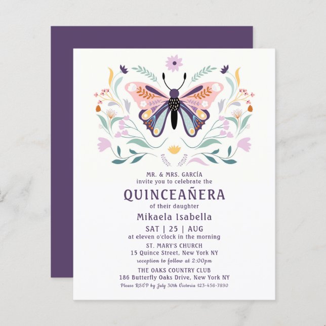 Budget Quinceañera Pink Purple Butterfly Floral (Front/Back)