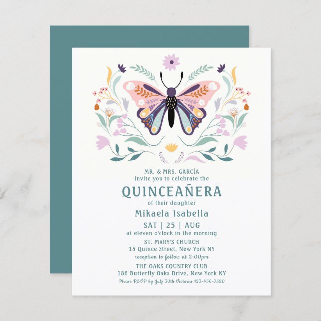 Budget Quinceañera Pink Purple Butterfly Floral (Front/Back)