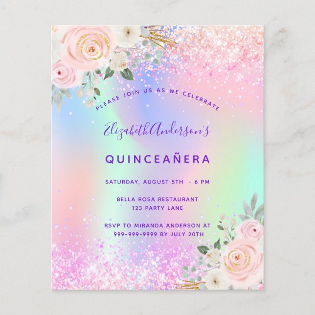 Budget Quinceanera pink purple glitter floral (Front)