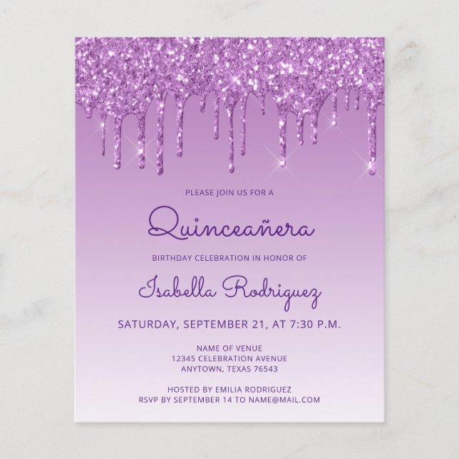 Budget Quinceañera Purple Glitter Drip Invitation (Front)