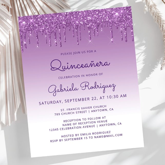 Budget Quinceañera Purple Glitter Drip Invite (Creator Uploaded)