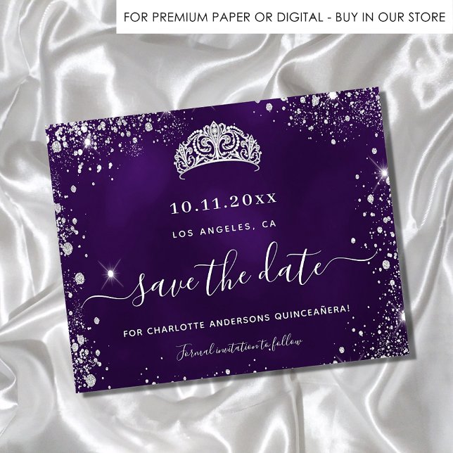 Budget Quinceanera purple silver glitter save date (Creator Uploaded)