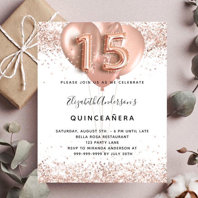 Budget Quinceanera rose gold balloons invitation (Creator Uploaded)