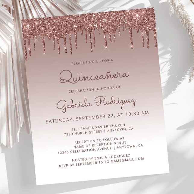 Budget Quinceañera Rose Gold Glitter Drip Invite (Creator Uploaded)