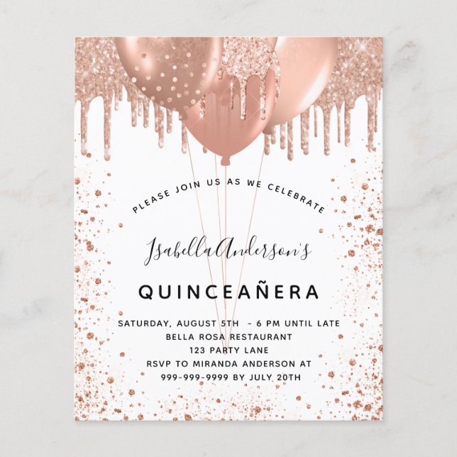 Budget Quinceanera rose gold glitter invitation (Front)