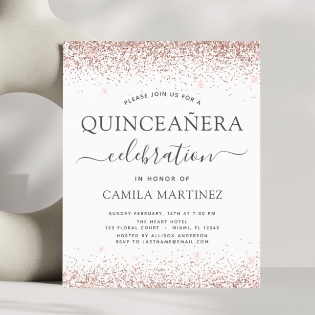 Budget Quinceanera Rose Gold Glitter Invitation (Creator Uploaded)