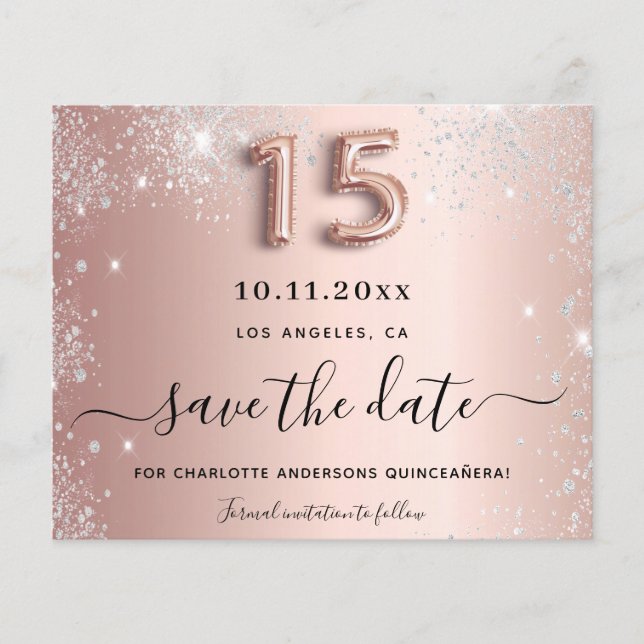 Budget Quinceanera rose gold silver save the date (Front)