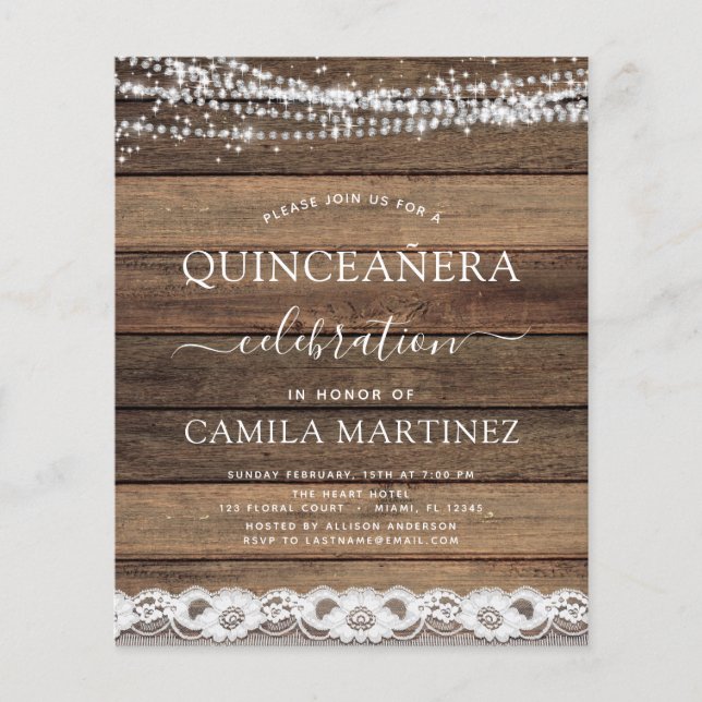 Budget Quinceanera Rustic Farmhouse Lace Flyer (Front)