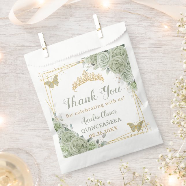 Budget Quinceañera Sage Green Floral Butterflies Favour Bag (Clipped)
