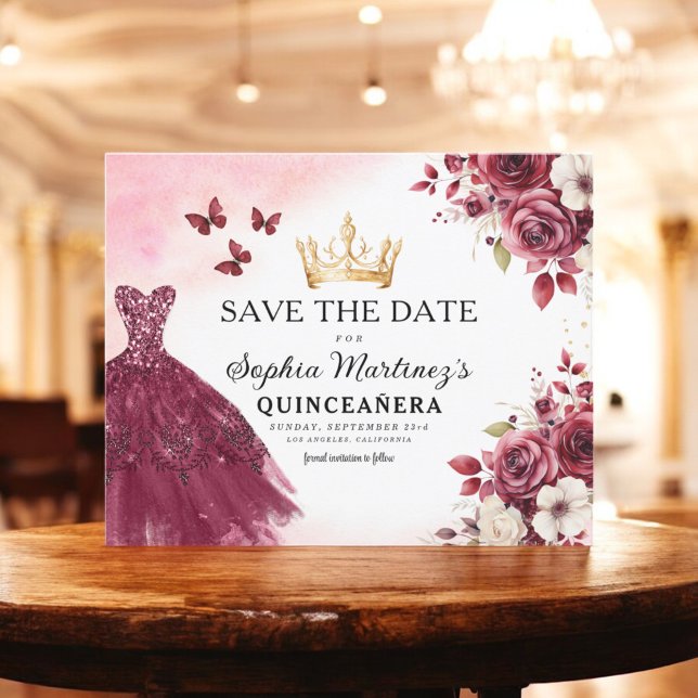 Budget Quinceanera Save the Date Floral Burgundy  Flyer (Creator Uploaded)