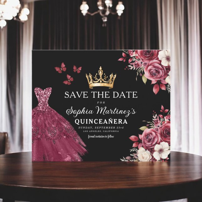 Budget Quinceanera Save the Date Floral Burgundy  Flyer (Creator Uploaded)