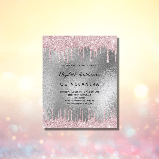 Budget Quinceanera silver glitter pink invitation (Creator Uploaded)