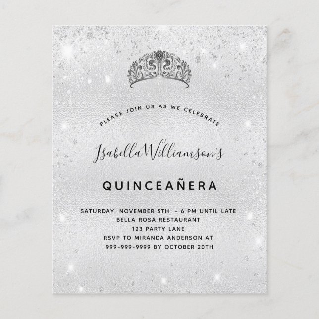 Budget Quinceanera silver glitter tiara invitation (Front)