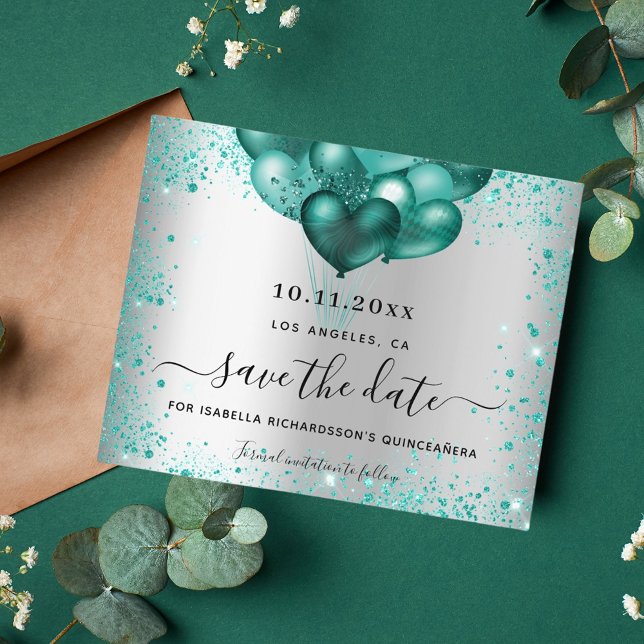 Budget Quinceanera silver teal save the date (Creator Uploaded)