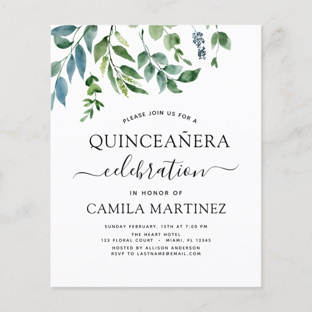 Budget Quinceanera Spring Botanical Greenery Flyer (Front)