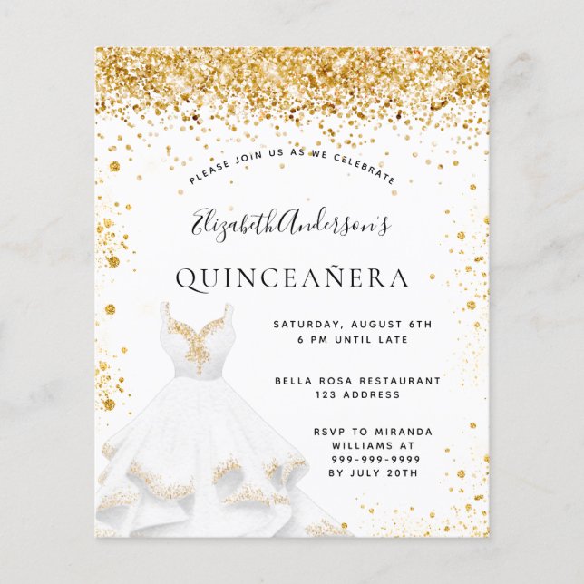 Budget Quinceanera white gold dress invitation (Front)