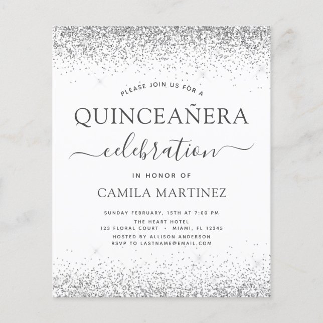 Budget Quinceanera White Silver Glitter Invitation Flyer (Front)