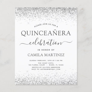 Budget Quinceanera White Silver Glitter Invitation Flyer