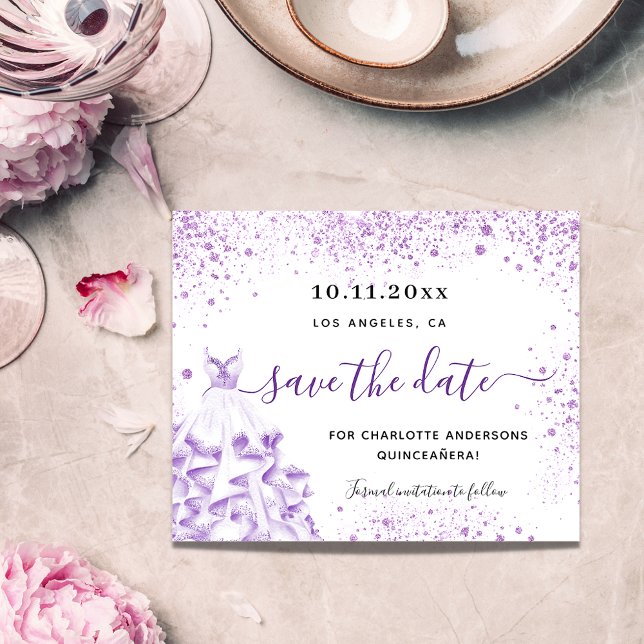 Budget Quinceanera white violet save the date (Creator Uploaded)