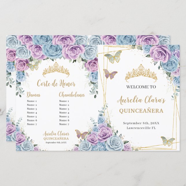 Budget Quinceañera XV Blue Lilac Padrinos Program (Front/Back)