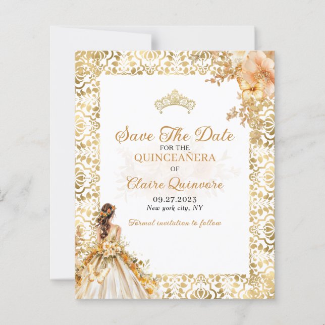 BUDGET Radiant Gold Quinceanera Save The Date (Front)
