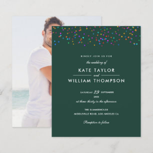 Budget Rainbow Confetti Emerald Wedding Invite